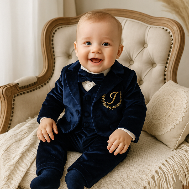 Navy Blue Velvet Baby Boy Suit – Personalized Formal Outfit