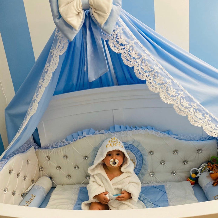 Blue & White Satin Baby Boy Bedding with Lace & Rhinestones