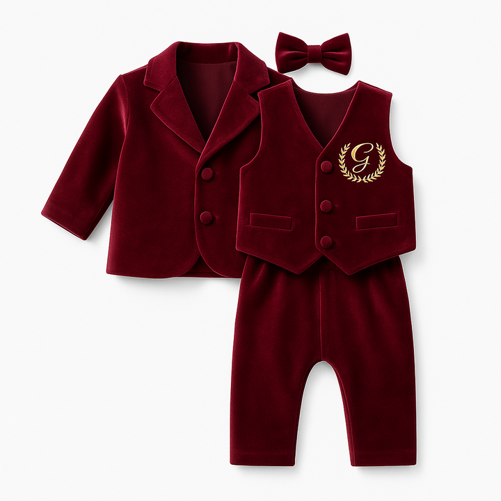 Personalized Burgundy Velvet Baby Boy Suit with Bow Tie