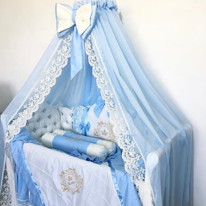 Blue & White Satin Baby Boy Bedding with Lace & Rhinestones