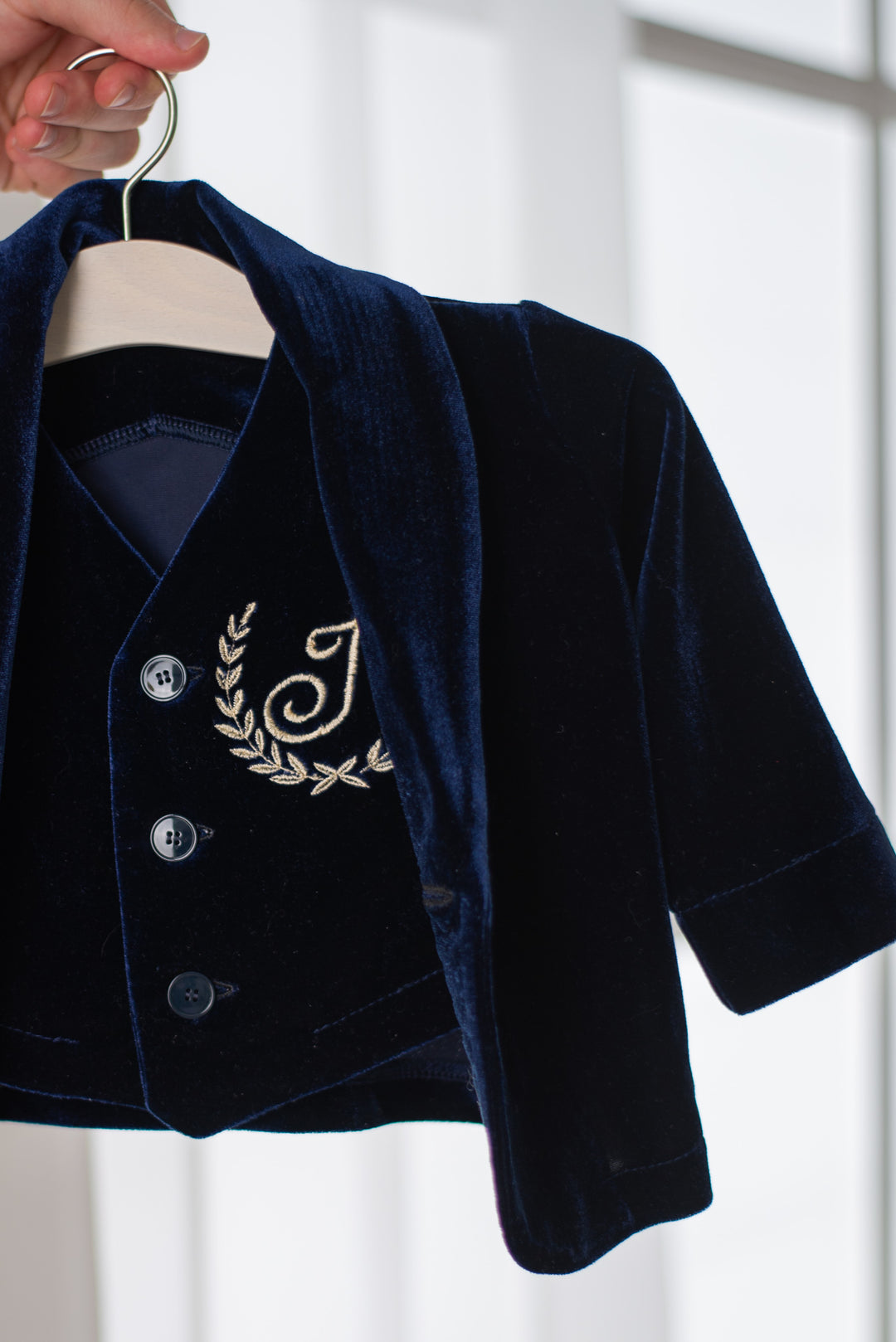 Navy Blue Velvet Baby Boy Suit – Personalized Formal Outfit