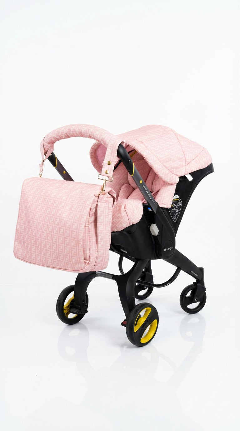 Pink luxury monogram baby car seat cover set  and matching luxury diaper bag