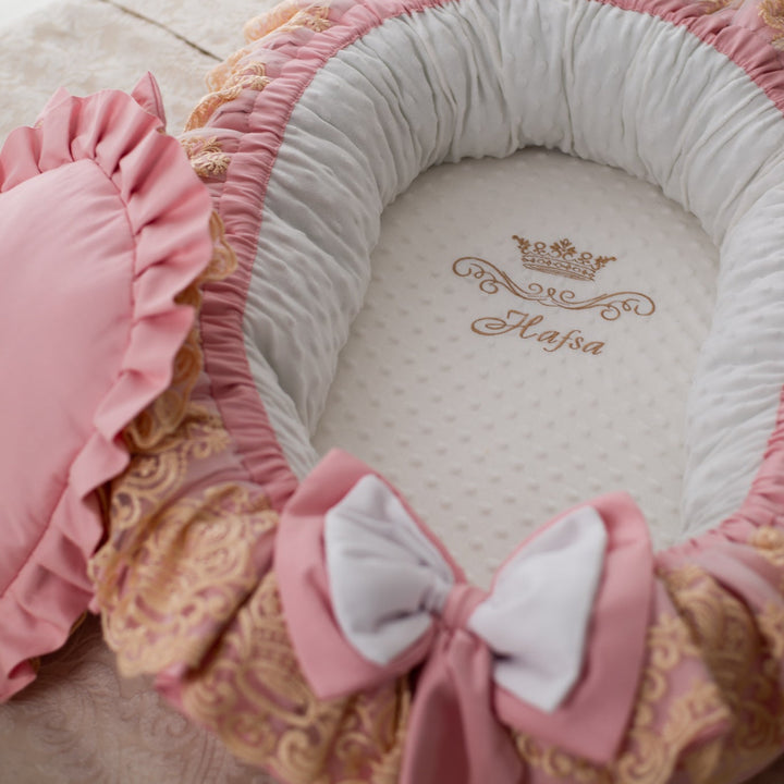 Personalized Dusty Pink Baby Nest Co-Sleeper with Ruffles