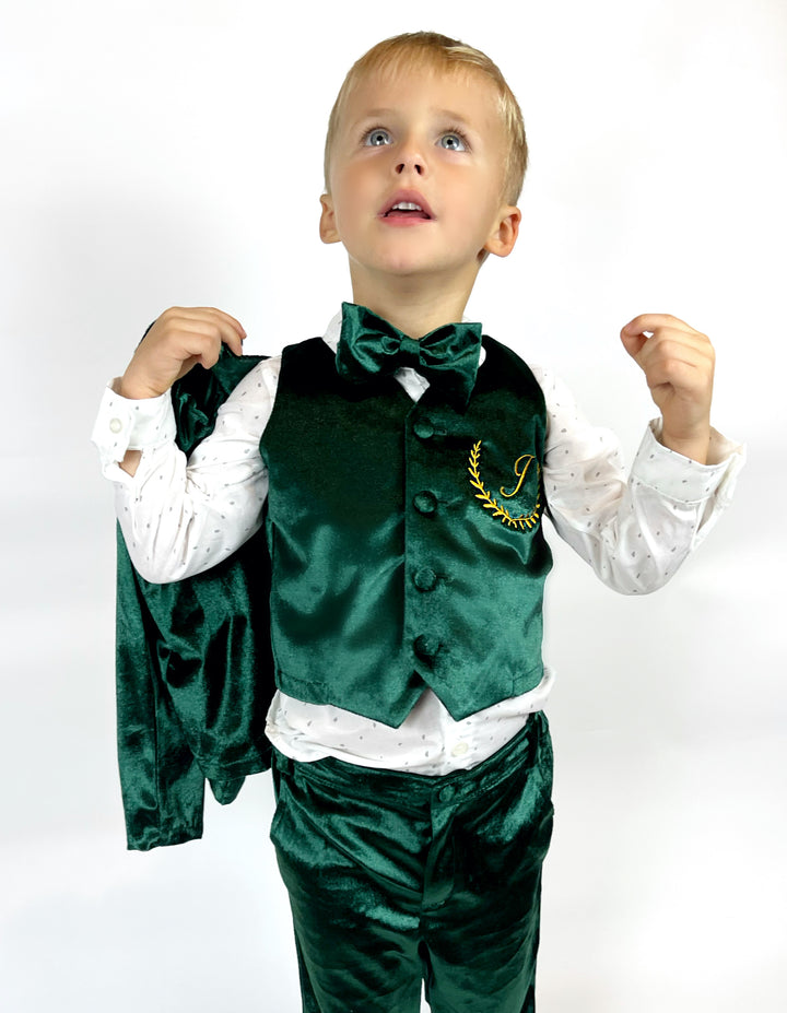 Personalized Emerald Green Velvet Baby Boy Suit