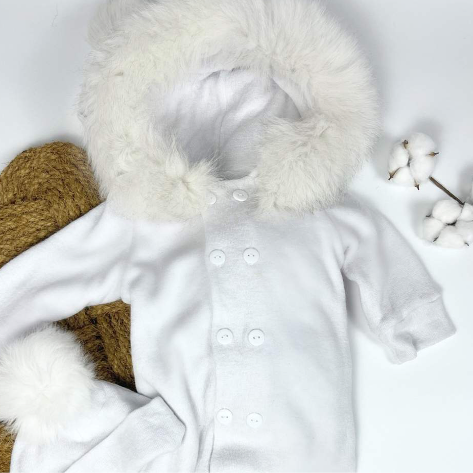 Snowy White Baby Romper with Fur Trim for Winter