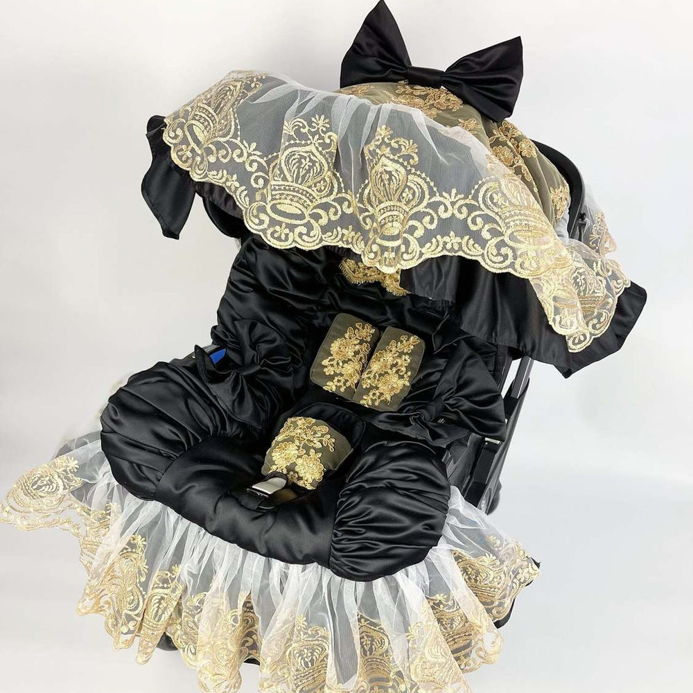 Black Car Seat & Stroller Cover with Gold Lace Canopy