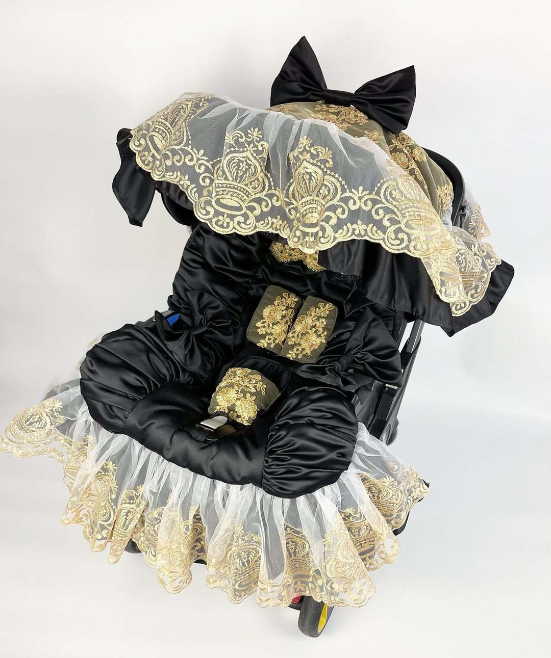 Black Car Seat & Stroller Cover with Gold Lace Canopy