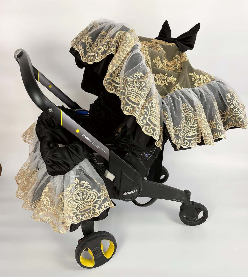 Black Car Seat & Stroller Cover with Gold Lace Canopy