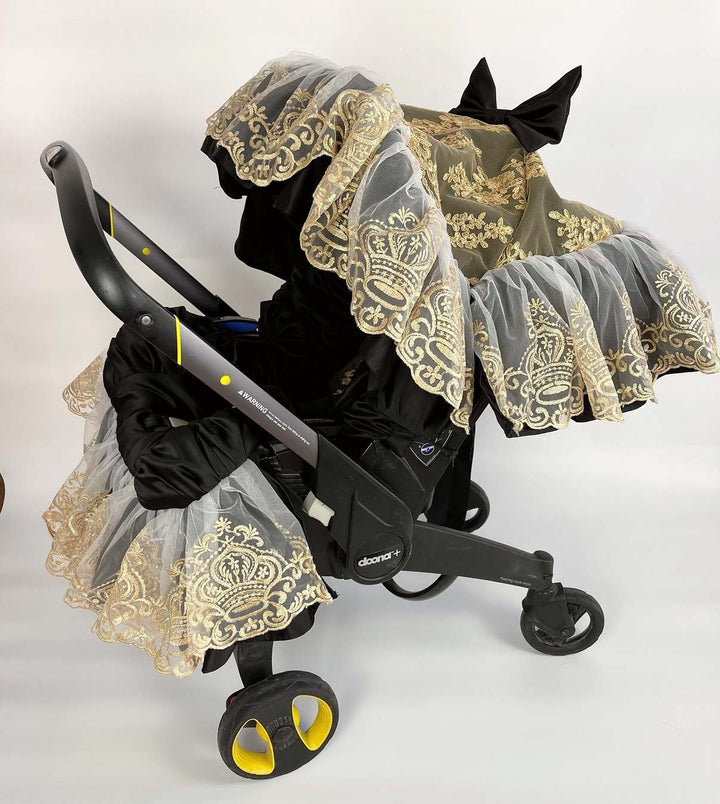 Black Car Seat & Stroller Cover with Gold Lace Canopy