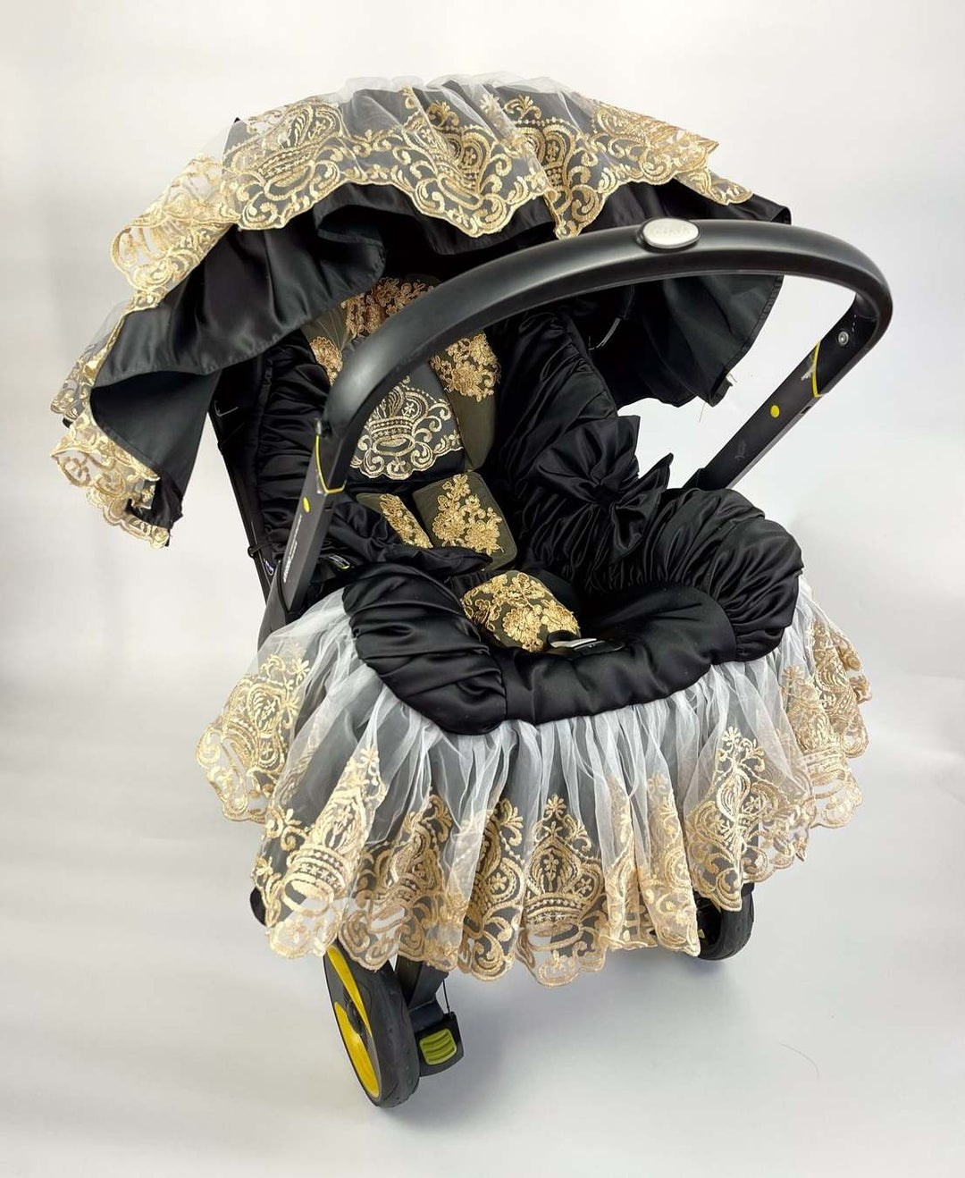 Black Car Seat & Stroller Cover with Gold Lace Canopy
