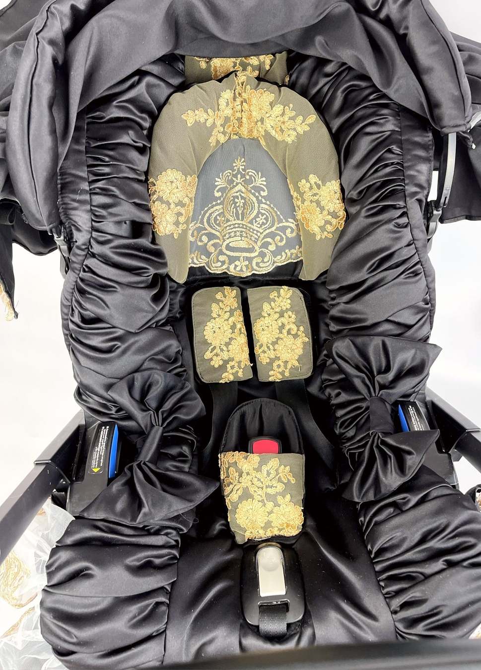 Black Car Seat & Stroller Cover with Gold Lace Canopy