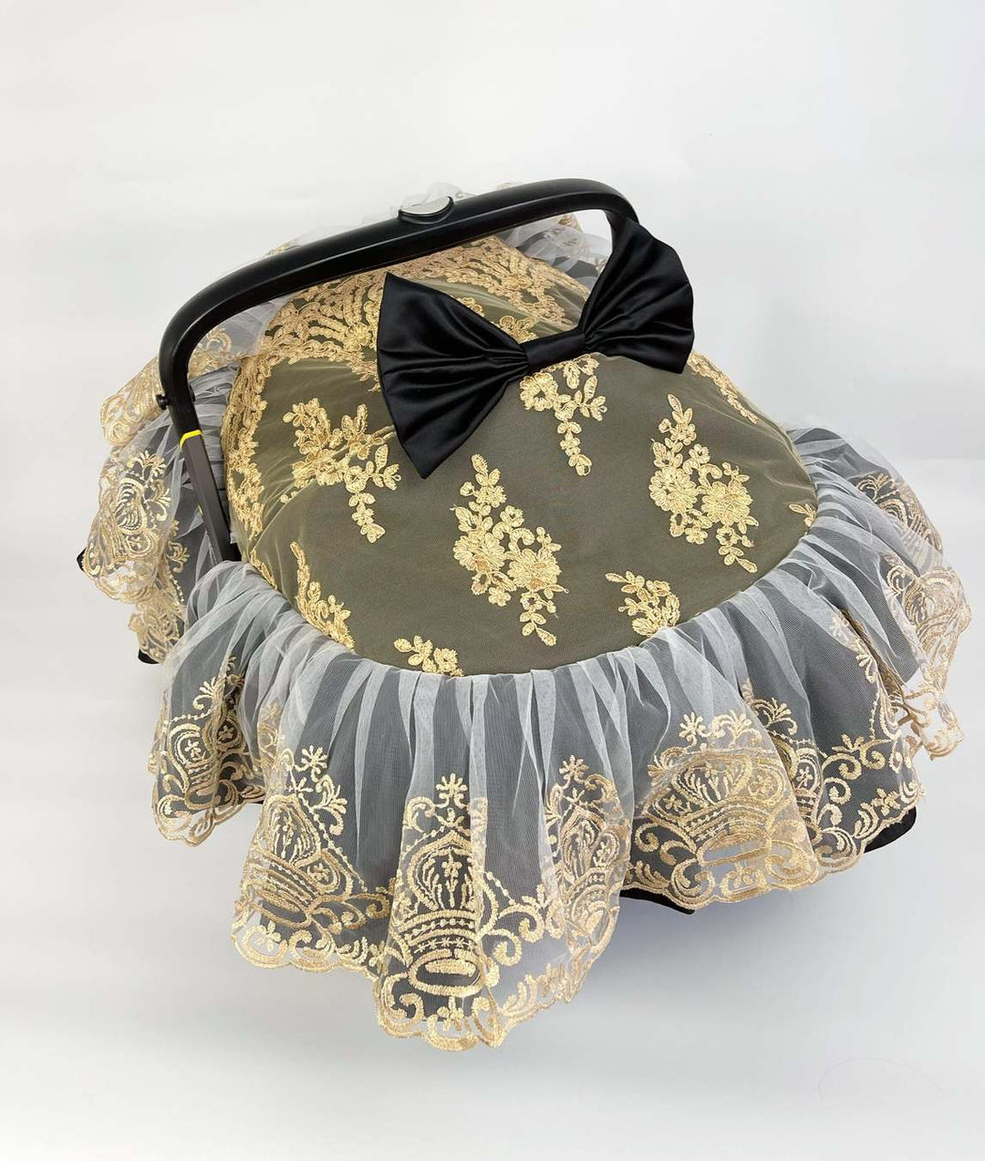 Black Car Seat & Stroller Cover with Gold Lace Canopy