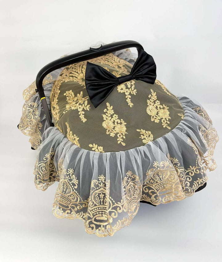 Black Car Seat & Stroller Cover with Gold Lace Canopy