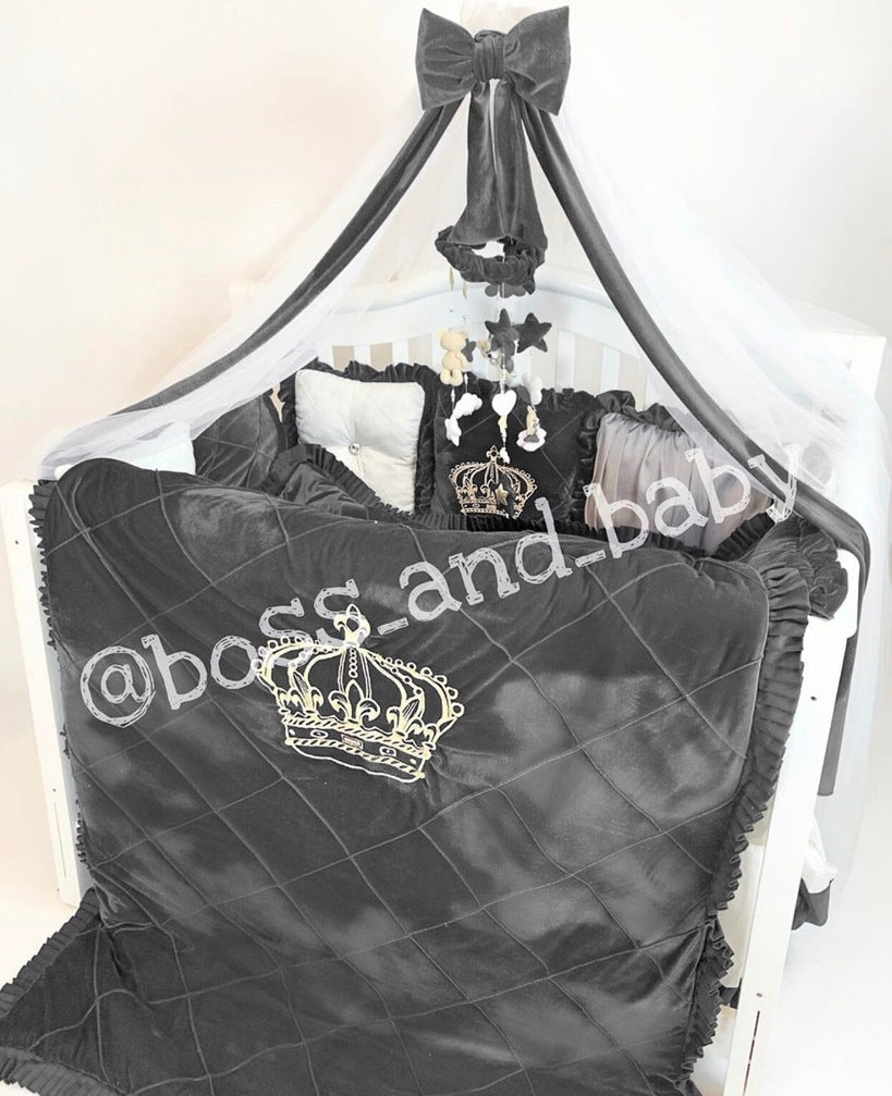 Black Velvet & White Cotton Baby Crib Bedding Set with Crown