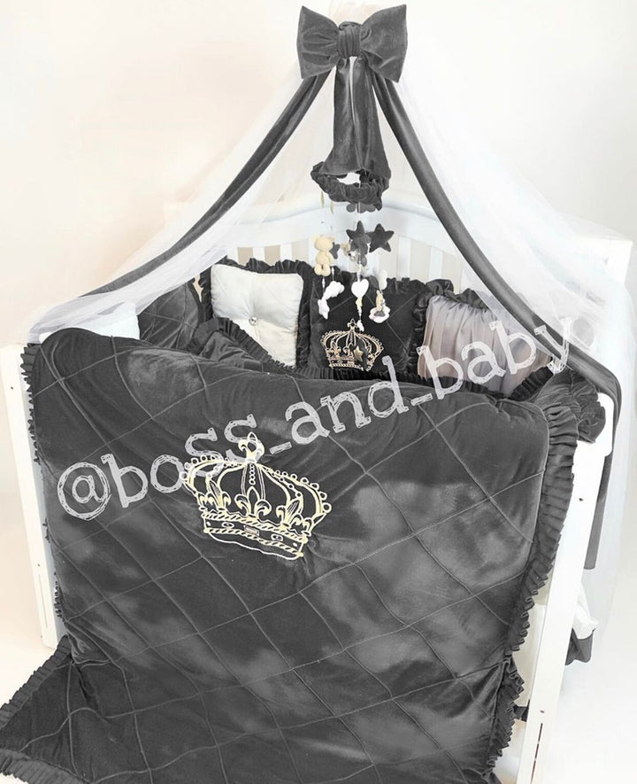 Black Velvet & White Cotton Baby Crib Bedding Set with Crown