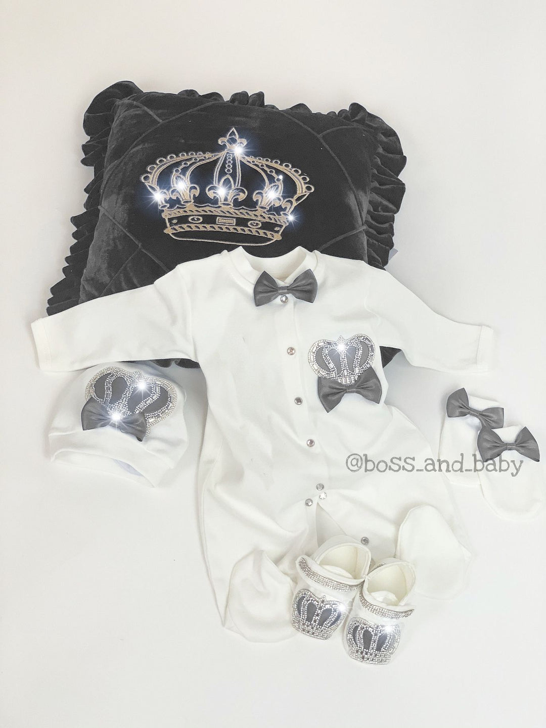 Black Velvet & White Cotton Baby Crib Bedding Set with Crown