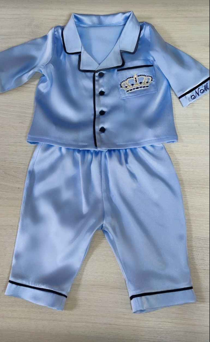 Blue Silk Baby Pajamas – Personalized Newborn PJ Set