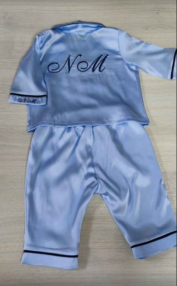 Blue Silk Baby Pajamas – Personalized Newborn PJ Set