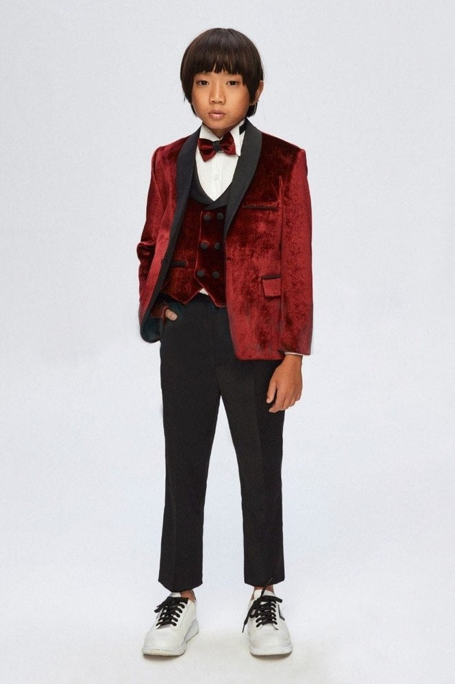 Burgundy Velvet Boys Tuxedo – 5-Piece Formal Suit Set