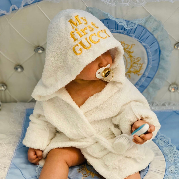 Blue & White Satin Baby Boy Bedding with Lace & Rhinestones