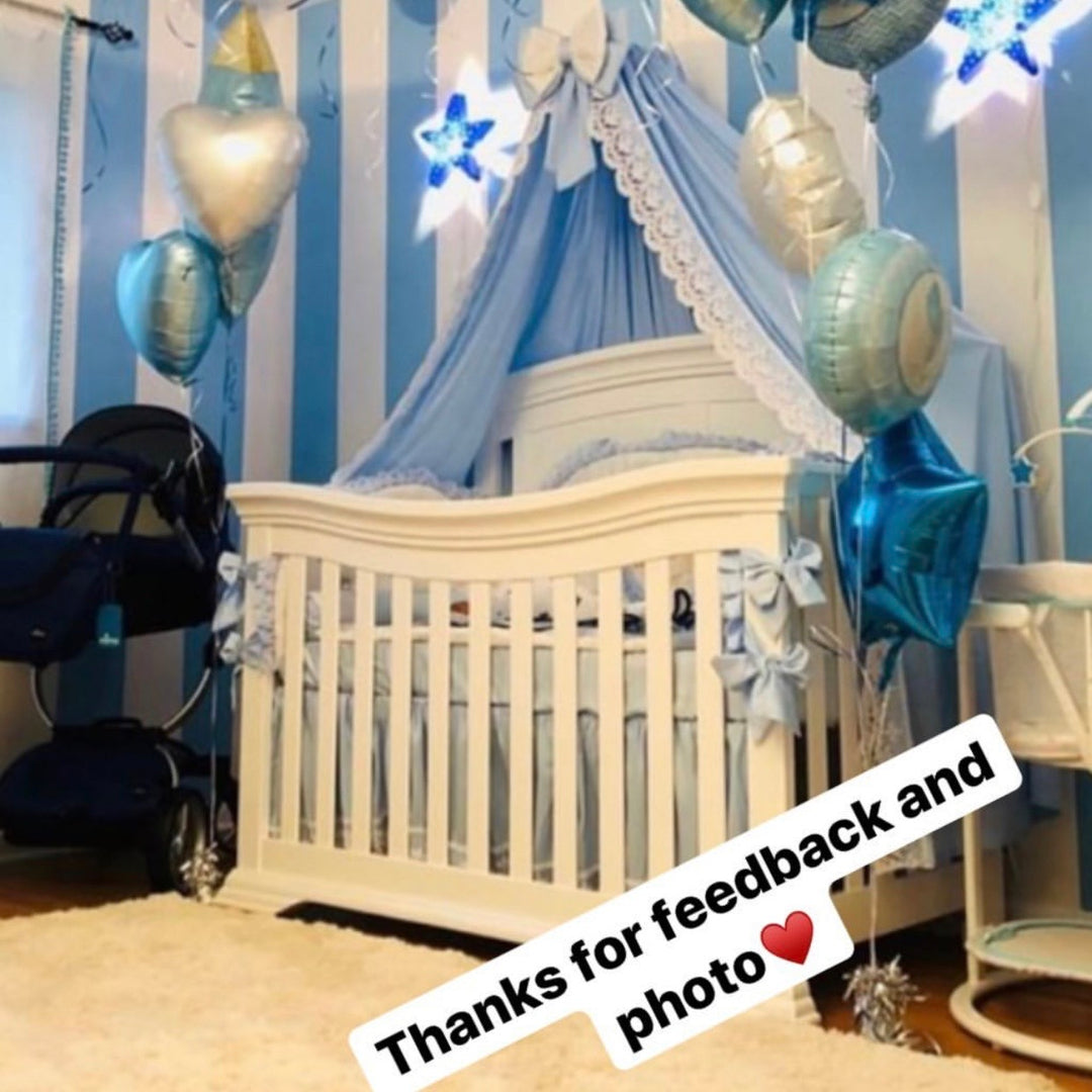 Blue & White Satin Baby Boy Bedding with Lace & Rhinestones