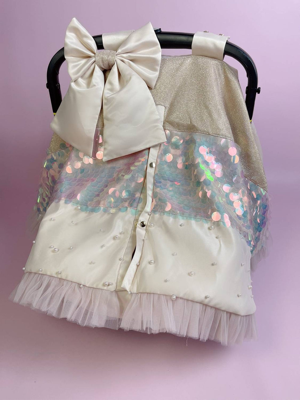 Custom Embroidered Canopy on Sequin Pink Baby Car Seat and Pram Cover