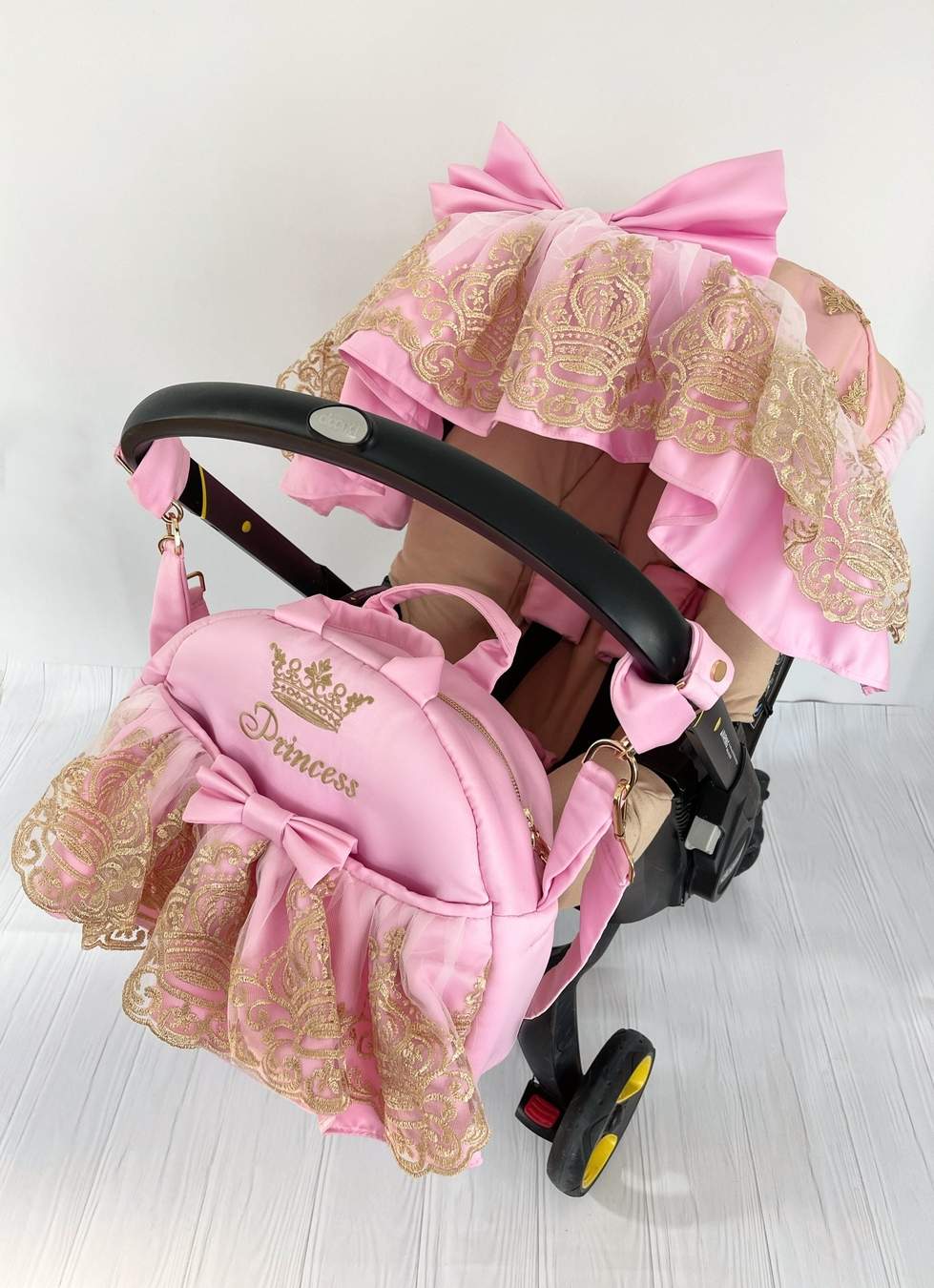 Customized Pink Ruffles Baby Car Seat Cover with Diaper Bag