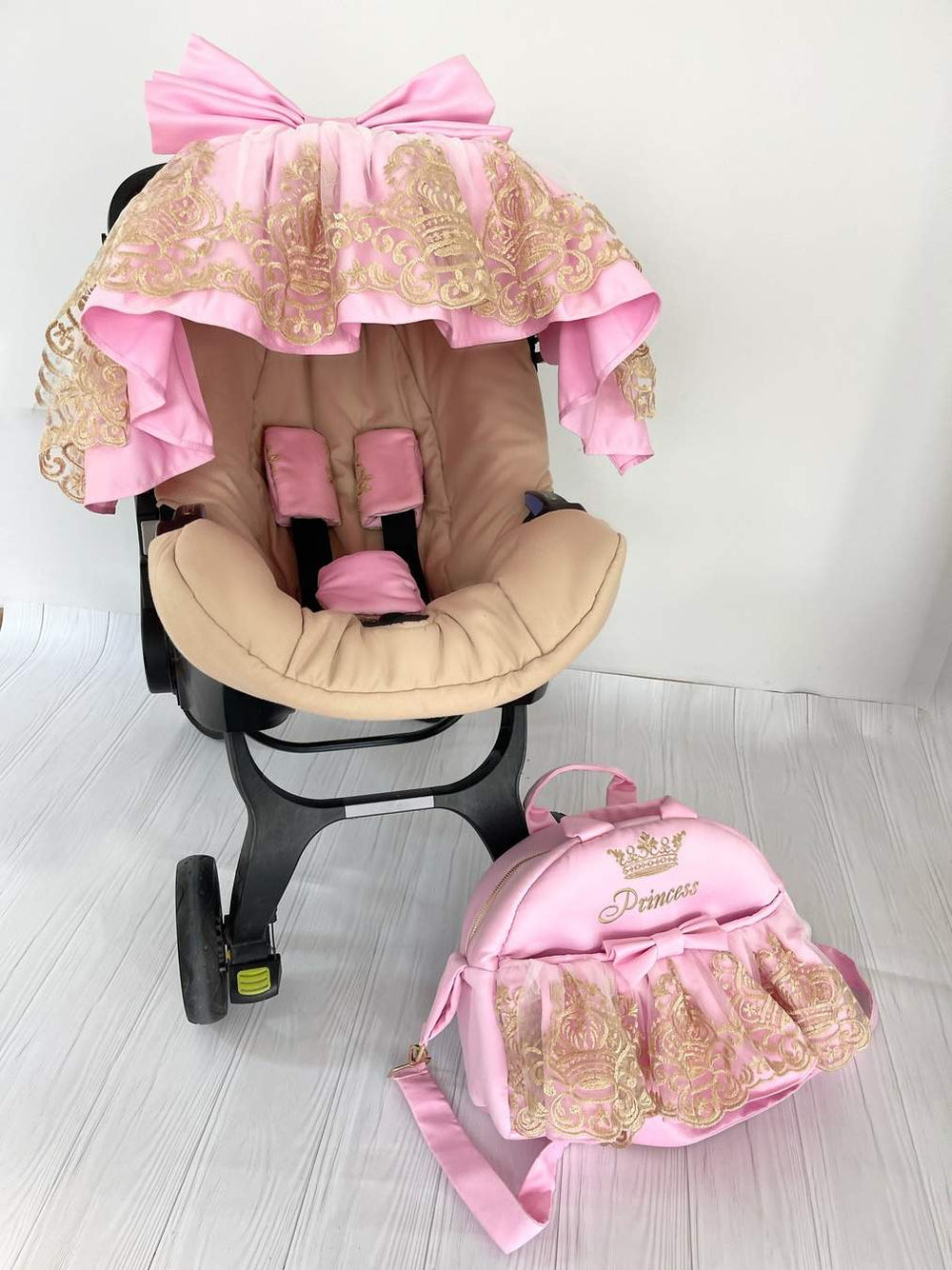 Customized Pink Ruffles Baby Car Seat Cover with Diaper Bag