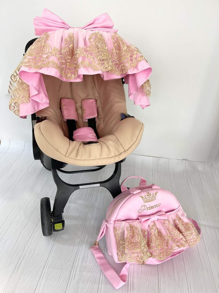Customized Pink Ruffles Baby Car Seat Cover with Diaper Bag