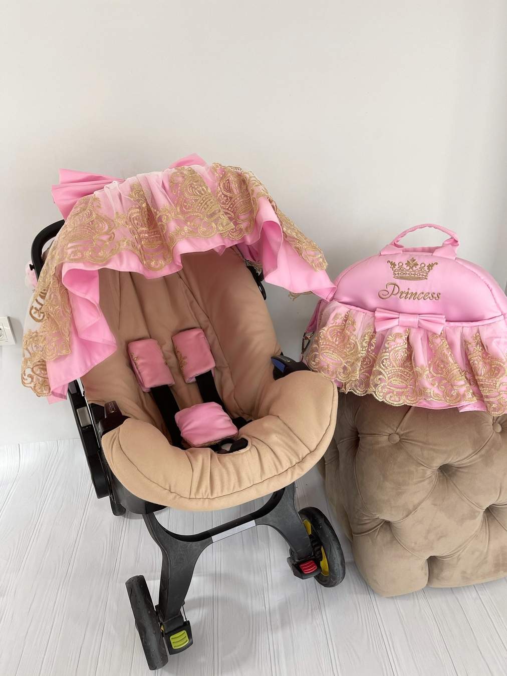 Customized Pink Ruffles Baby Car Seat Cover with Diaper Bag