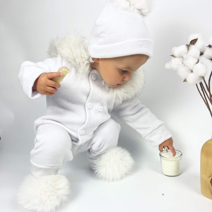 Snowy White Baby Romper with Fur Trim for Winter
