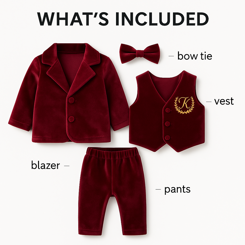 Personalized Burgundy Velvet Baby Boy Suit with Bow Tie