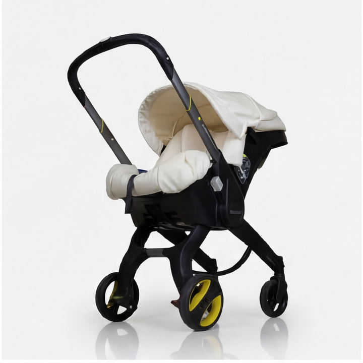 Low angle view of beige world map cover set installed on Doona + car seat.