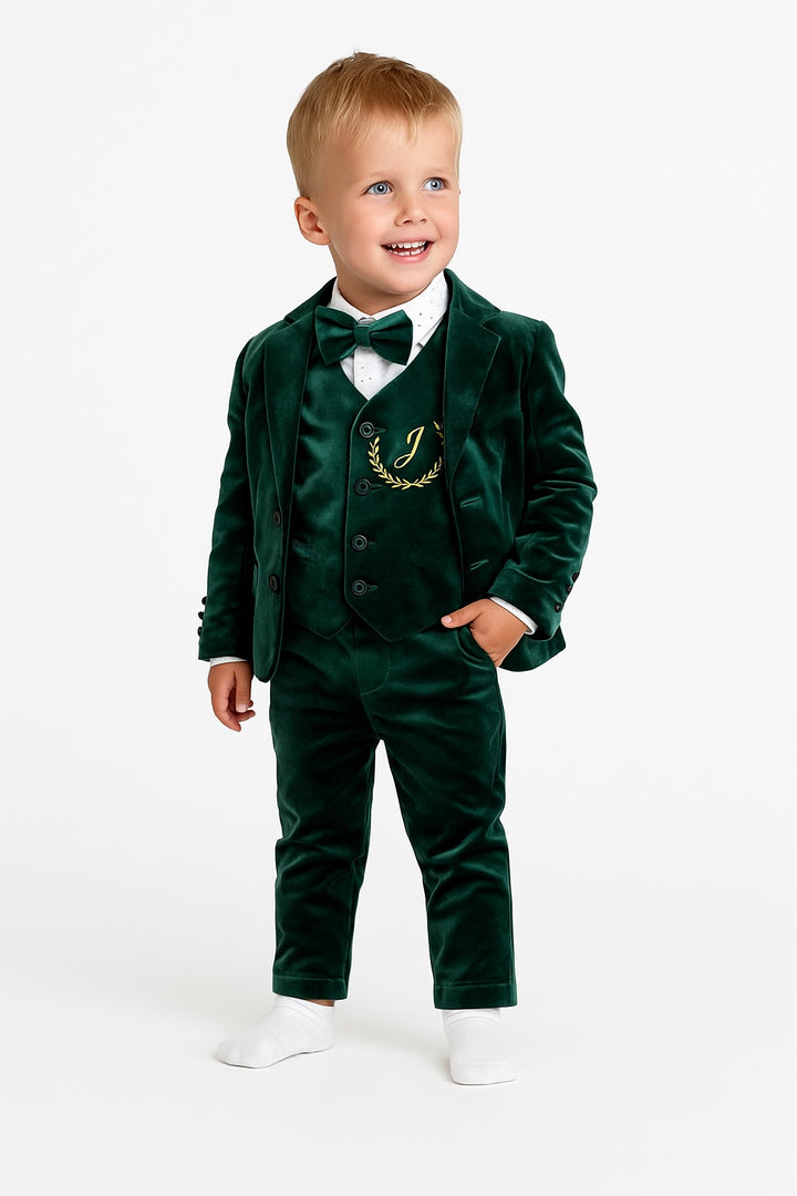 Personalized Emerald Green Velvet Baby Boy Suit