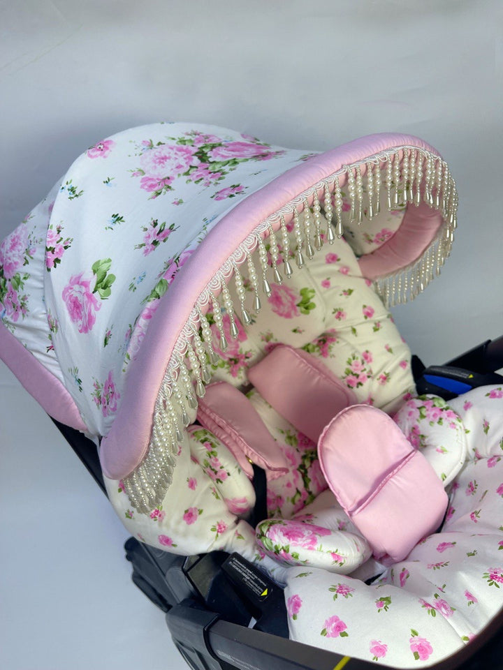 Vintage-Inspired Pink Flower Print Stroller Car Seat Cover Set: Perfect Gift for Expecting Moms!