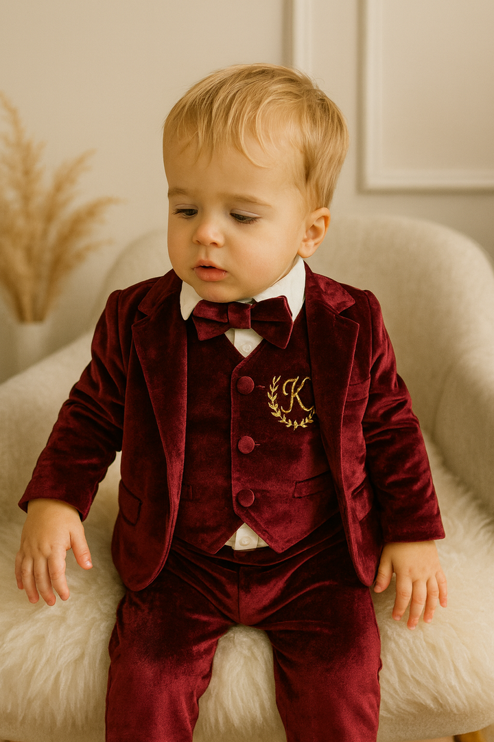 Personalized Burgundy Velvet Baby Boy Suit with Bow Tie