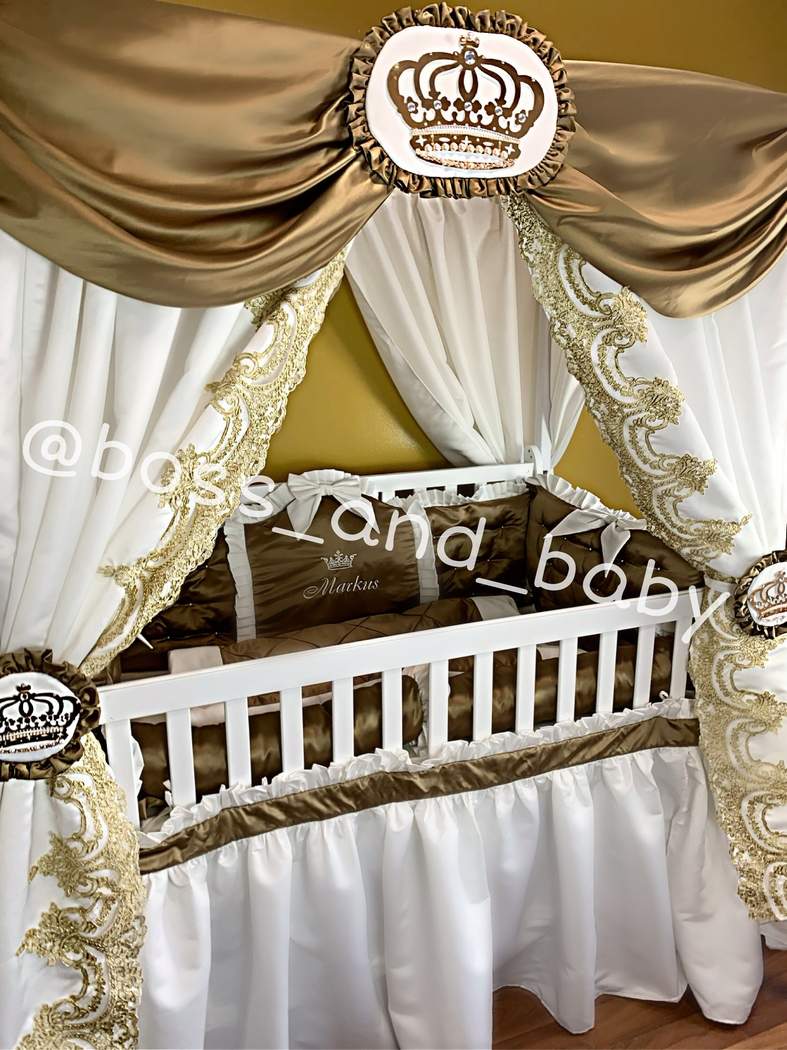 Gold Baby Boy Crib Bedding Set with Lace & Canopy