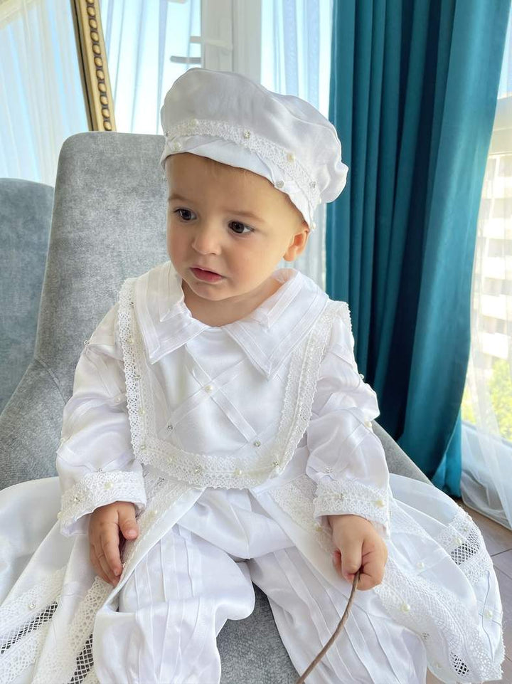 Handmade Baby Boy Baptism Gown with Pearls & Rhinestones