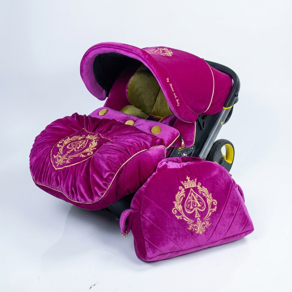 Luxury pink velour baby car seat set featuring a rich gold interior, soft padded design, installed on a Doona car seat and photographed on a white background.