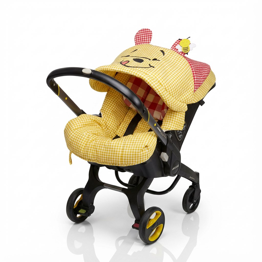 Children's stroller with a yellow checkered cover and cartoon face on a white background