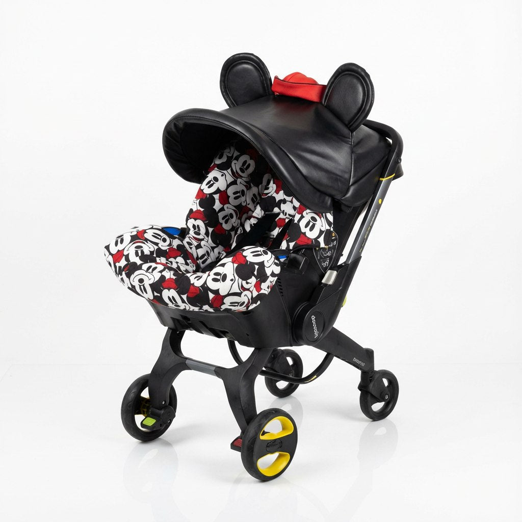 Black baby car seat installed on a stroller frame, featuring a black leather-look canopy with a decorative red hat-style accent on top and rounded ear details, paired with a black, white, and red Mickey Mouse print seat cover, photographed on a plain light background.