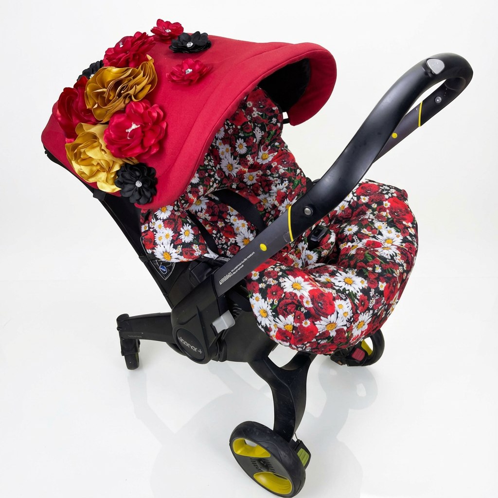 Baby car seat cover set installed on a car seat, shown at a side angle on a white background. The canopy is solid red and decorated with large 3D fabric flowers in red, burgundy, gold, and black. The seat cover features a dense floral print with red flowers and white daisies on a dark background, creating a rich, contrast look.