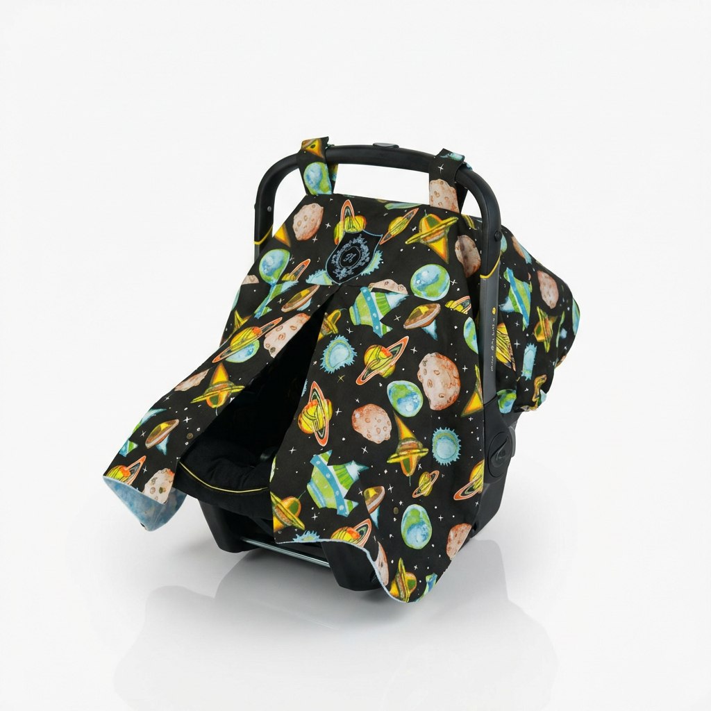 Front view of a Doona car seat covered with a black fabric canopy featuring a colorful space-themed print with planets, rings, rockets, stars, and asteroids. The canopy is open at the front, showing the rounded inner shape and front edge, with the car seat handle visible above. The design is centered on the front panel, photographed on a light studio background.