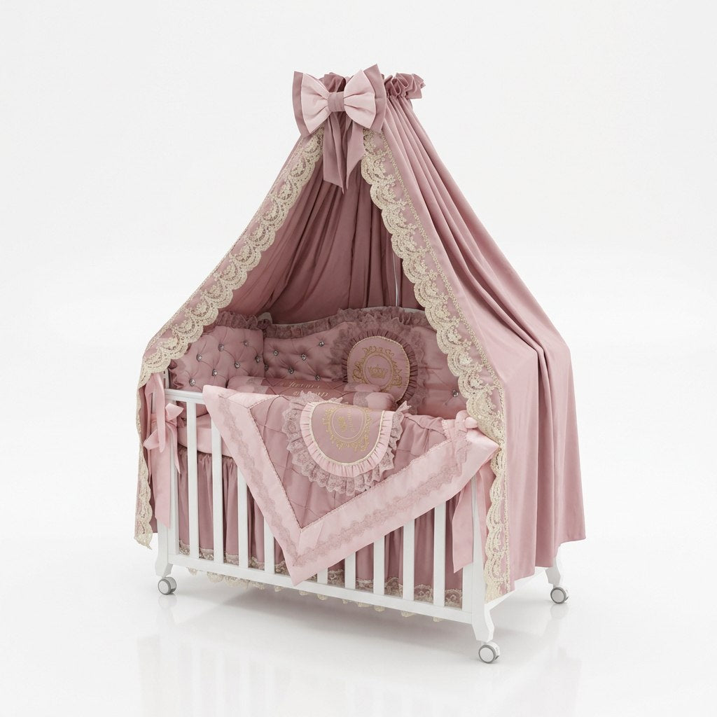 Dusty pink crib set with canopy and decorative elements on a white background