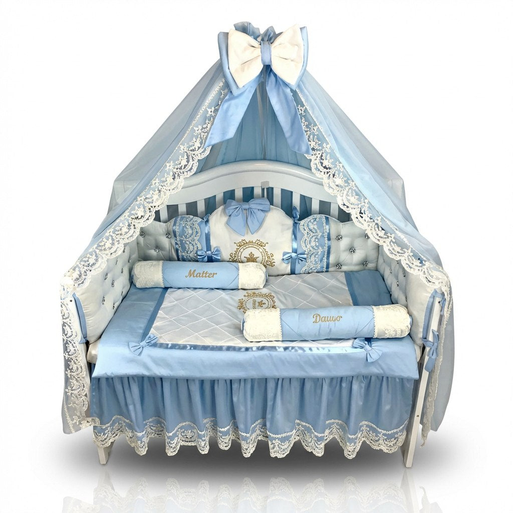 Baby blue crib with blue and white bedding set and canopy on a white background