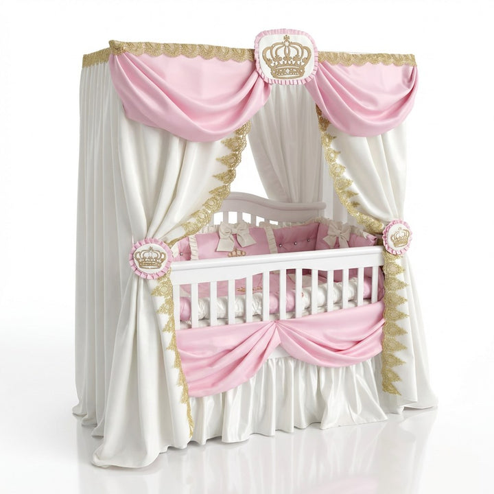Princess-themed baby crib with pink and gold decorations on a white background