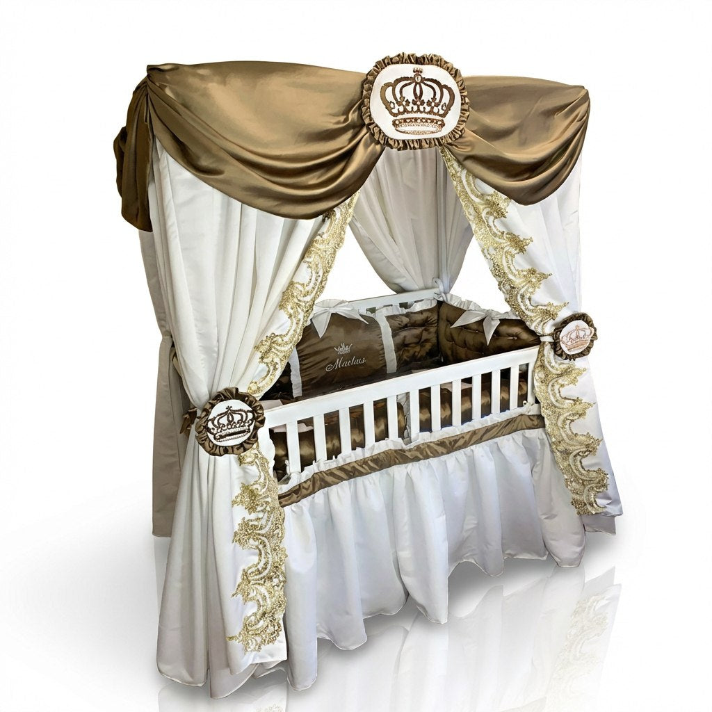 Decorative crib with gold canopy and white curtains on a white background