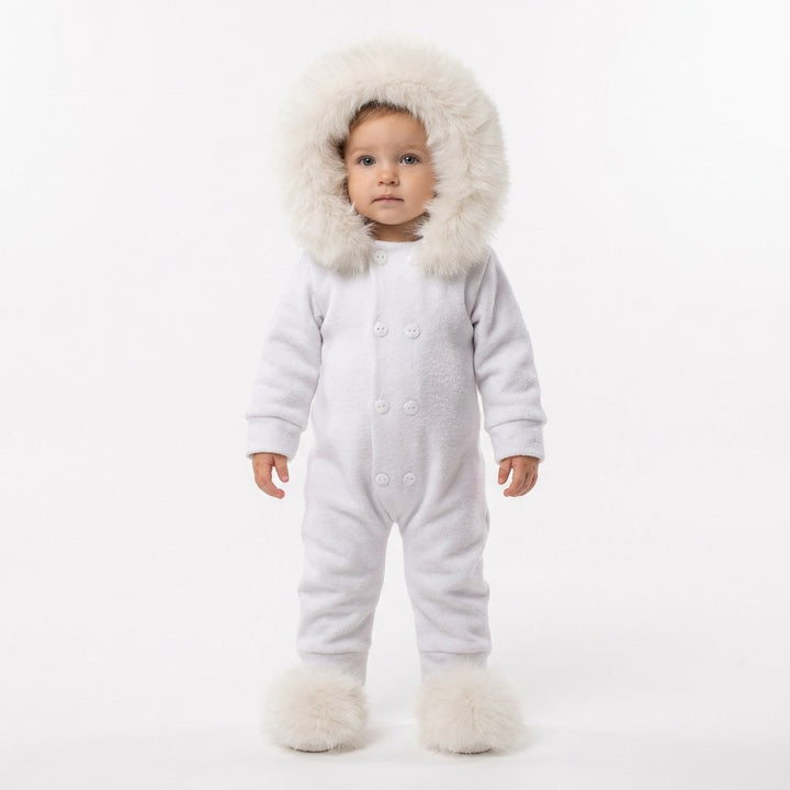Snowy White Baby Romper with Fur Trim for Winter