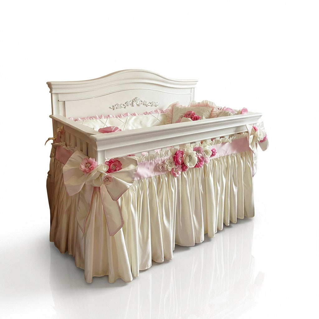 Decorative crib with floral ruffled crib skirt and bow details on a white background