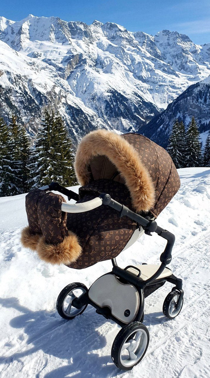 Designer-style winter canopy cover with fur trim for Mima Xari stroller, close-up detail